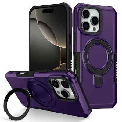 For iPhone 16 Pro Max Case Foldable Kickstand PC + TPU Phone Protective Cover - Dark Purple