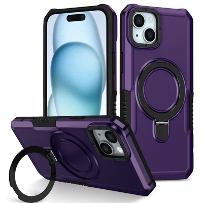 For iPhone 14 Case Foldable Kickstand PC + TPU Phone Protective Cover - Dark Purple
