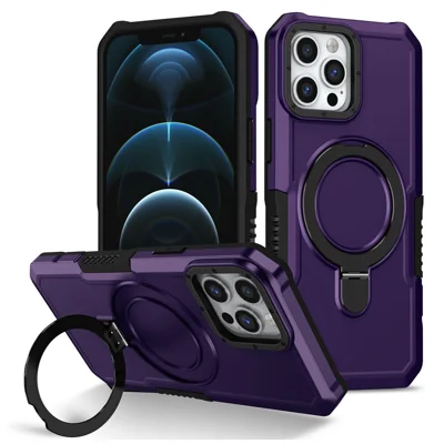 For iPhone 12 / 12 Pro Case Foldable Kickstand PC + TPU Phone Protective Cover - Dark Purple