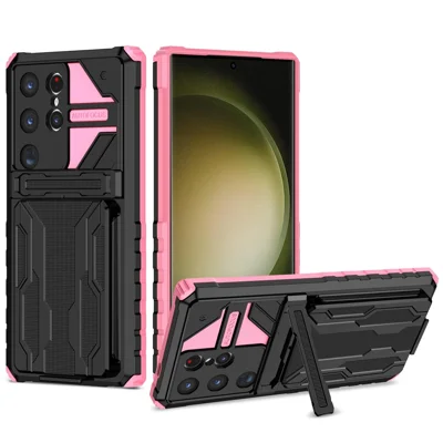 Voor Samsung Galaxy S24 Ultra hoesje met kaarthouder PC + TPU telefoon achterkant met standaard - Roze