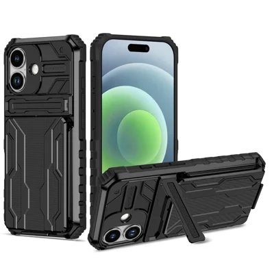 For iPhone 17 Case with Card Holder PC + TPU Phone Back Cover Kickstand - Black