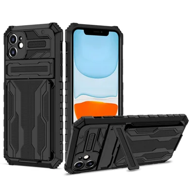 For iPhone 11 Case with Card Holder PC + TPU Phone Back Cover Kickstand - Black