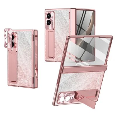 For Samsung Galaxy Z Fold8 Case Hidden Kickstand Glitter PC Phone Back Cover with Tempered Glass Screen Protector / Metal Lens Protector - Pink