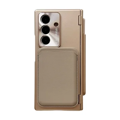 For Samsung Galaxy Z Fold8 Ultra Magnetic Case Card Holder Slot Kickstand Leather Phone Back Cover with Tempered Glass Film / Stylus - Gold