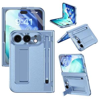 For iPhone Duo Case Kickstand Leather PC Phone Cover with Tempered Glass Film with Stylus - Blue