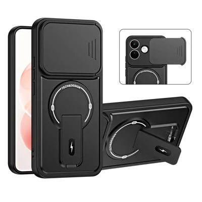Telefoonhoesje met Schuifbare Cameraafdekking voor Xiaomi Redmi Note 17 4G (Global) / Note 17 (India/China) 5G / Note 17 5G (Global), Matte Afwerking Beschermhoes met Voetsteun en Stootbestendig PC + TPU - Zwart