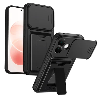 Telefoonhoesje voor Xiaomi Redmi Note 17 4G (Global) / Note 17 (India/China) 5G / Note 17 5G (Global), Lensbescherming met staander, PC + TPU achterkant met kaarthouder - Zwart