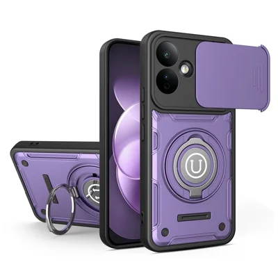 Hoes met schuifbare cameraafdekking voor Xiaomi Redmi Note 17 4G (Global) / Note 17 (India / China) 5G / Note 17 5G (Global), Ringstandaard PC + TPU telefoonhoes - Paars