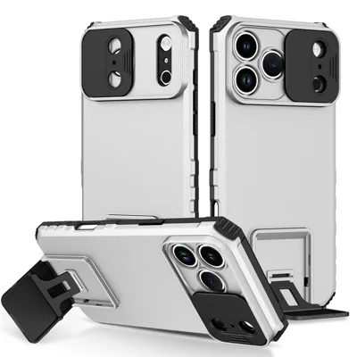 Capa para iPhone 17 Pro com Câmara Deslizante PC + TPU com Suporte - Branco