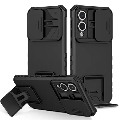 For Samsung Galaxy S25 Edge Case Camera Slider PC + TPU Phone Cover with Kickstand - Black