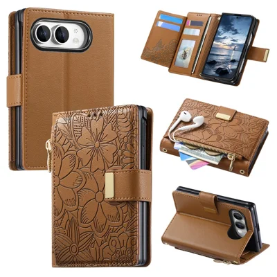 Voor iPhone Fold Case met bloemen- en bladpatroon, meerdere kaartslots, rits, lederen telefoonhoes - Bruin