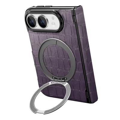 Etui na iPhone Fold z magnesem, podpórką kickstand, ochroną zawiasu dwuosiowego, skórzana obudowa z fakturą krokodyla - fioletowa