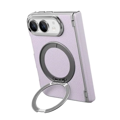 For iPhone Fold Case Magnetic Kickstand Dual-Axis Shockproof Litchi Texture Leather Phone Cover - Purple