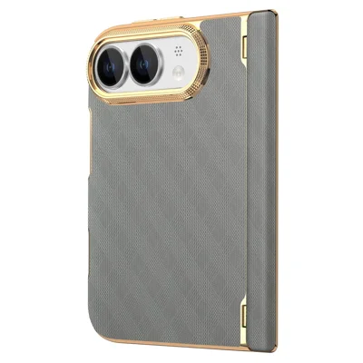 For iPhone Fold Case Dual-Axis Hingebeveiliging Stootvaste Ruitpatroon Leren + PC Telefoonhoes - Grijs