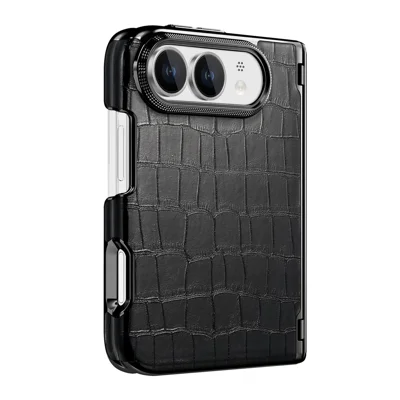 Für iPhone Fold Case Dual-Achsen-Scharnier-Schutz Krokodil-Textur Leder + PC-Handyhülle - Schwarz