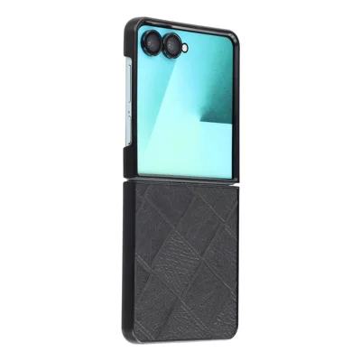 For Samsung Galaxy Z Flip8 Case Square Grid Texture Leather Coated PC Foldable Phone Protective Cover - Black