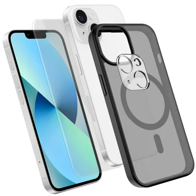 Etui magnetyczne na iPhone'a 13, pokrowiec TPU + PC z hartowanym szkłem wysokokrzemowo-aluminiowym + ochrona obiektywu aparatu PC - Czarny