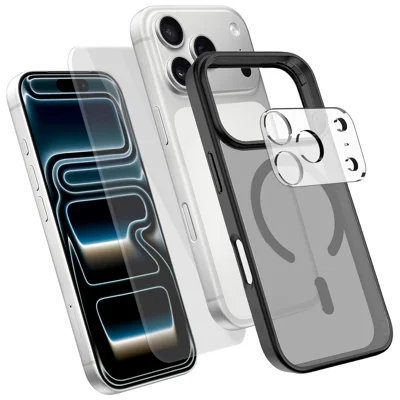  For iPhone 17 Pro Magnetic Case TPU + PC Phone Cover with High Aluminium-Silicon Glass Screen Protector + PC Camera Lens Protector - Black