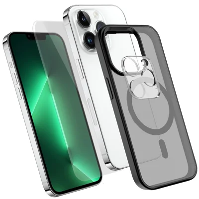  For iPhone 13 Pro Max Magnetic Case TPU + PC Phone Cover with High Aluminium-Silicon Glass Screen Protector + PC Camera Lens Protector - Black