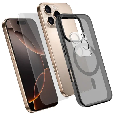 Capa Magnética para iPhone 16 Pro com TPU + PC, Capa para Telemóvel com Protetor de Ecrã de Vidro de Alta Resistência de Alumínio-Silício + Protetor de Lente da Câmara em PC - Preto