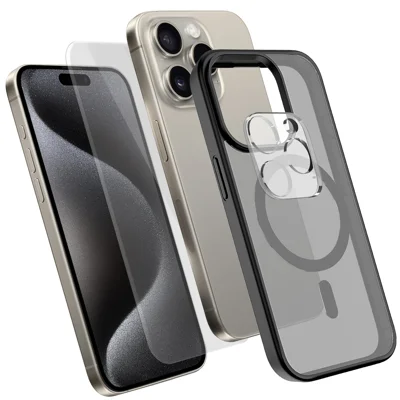  Voor iPhone 15 Pro Max Magnetische Hoes TPU + PC Telefoonhoes met Hoge Aluminium-Silicium Glazen Screenprotector + PC Camera Lensprotector - Zwart