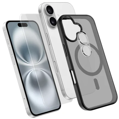 Obudowa magnetyczna na iPhone 16, pokrowiec TPU + PC z hartowanym szkłem z wysokim udziałem krzemu + ochrona obiektywu aparatu PC - Czarny