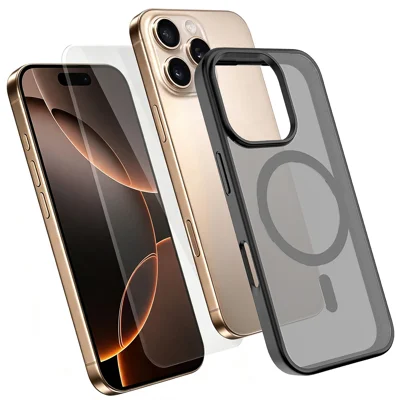  For iPhone 16 Pro Max Magnetic Case TPU + PC Phone Cover with High Aluminium-Silicon Glass Screen Protector - Black