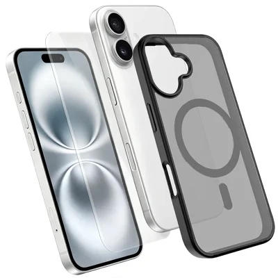 Etui magnetyczne na iPhone'a 16, obudowa z TPU + PC z odpornym szkłem aluminiowo-krzemionkowym - Czarny