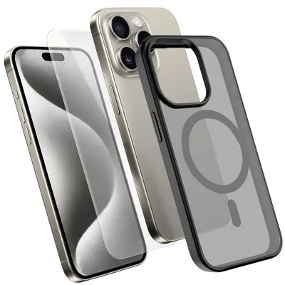 Etui magnetyczne na iPhone 15 Pro TPU + obudowa telefonu PC z hartowanym szkłem wysokokrzemowym - Czarny