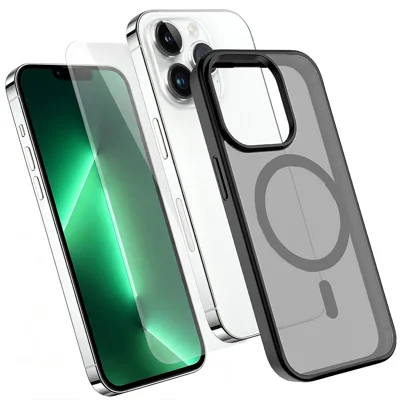 حالة مغناطيسية لهاتف iPhone 13 Pro غطاء هاتف TPU + PC مع واقي شاشة من الزجاج عالي السيليكون والألومنيوم - أسود
