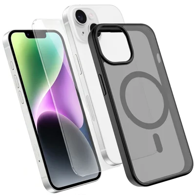 حالة مغناطيسية لهاتف iPhone 14، غطاء هاتف من مادة TPU + PC مع واقي شاشة من الزجاج عالي السيليكون والألومنيوم - أسود