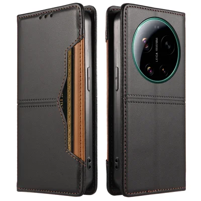 غطاء جلد بمحفظة لهاتف Xiaomi 17 Ultra 5G بفتحة بطاقة خارجية وإغلاق مغناطيسي - أسود