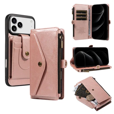 For iPhone 18 Pro Max / 17 Pro Max Magnetisk Case Aftagelig RFID-blokerende Wallet PU Læder Telefonbeskyttelse med Remme - Rosegylden