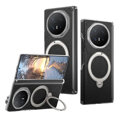 Funda para Honor Magic V6 5G con Anillo Rotatorio Magnético, Textura de Lichi, Protección para Bisagra - Negro