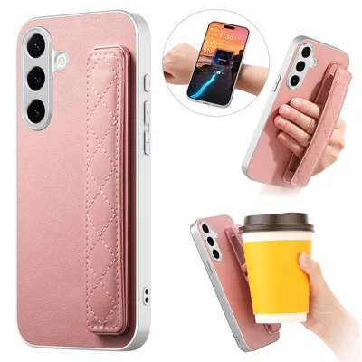 For Samsung Galaxy A27 5G Case PU-læderbelægning PC + TPU beskyttende telefonbeslag med vovet håndbøjle - Lyserød