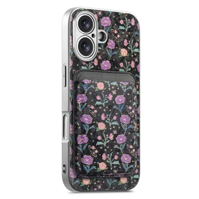 For iPhone 17 Magnetic Case with Detachable Card Holder Floral Pattern Anti-Drop Phone Cover - Black
