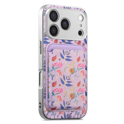 For iPhone 18 Pro Max / 17 Pro Max Magnetic Case with Detachable Card Holder Floral Pattern Anti-Drop Phone Cover - Pink Purple