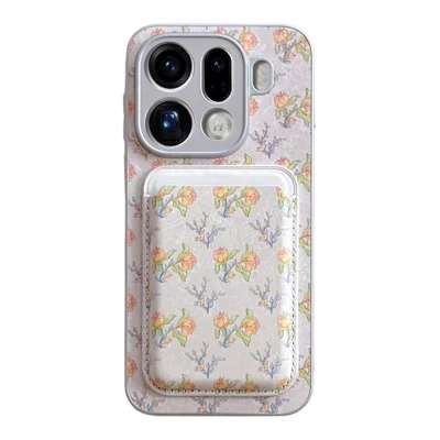 For Oppo Find X9 Pro 5G Magnetic Case with Detachable Card Holder Floral Pattern Anti-Drop Phone Cover - Beige