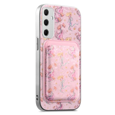 For Samsung Galaxy A27 5G Magnetic Case with Detachable Card Holder Floral Pattern Anti-Drop Phone Cover - Pink
