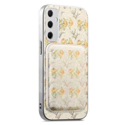 For Samsung Galaxy A17 5G / A17 4G Magnetic Case with Detachable Card Holder Floral Pattern Anti-Drop Phone Cover - Beige