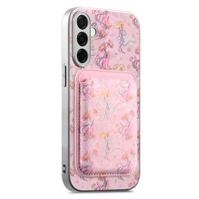 For Samsung Galaxy S25 Magnetic Case with Detachable Card Holder Floral Pattern Anti-Drop Phone Cover - Pink