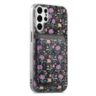 For Samsung Galaxy S25 Ultra Magnetic Case with Detachable Card Holder Floral Pattern Anti-Drop Phone Cover - Black