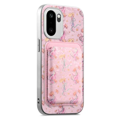 For OnePlus 15R 5G Magnetic Case with Detachable Card Holder Floral Pattern Anti-Drop Phone Cover - Pink