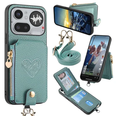For Nothing Phone (4a) Pro Case Card Holder Zipper Pocket Heart Pattern Leather Phone Back Cover with Crossbody Strap - Blue