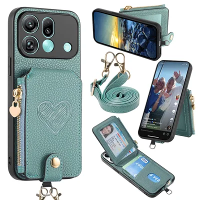 Voor Oppo Find X9 Pro 5G Hoesje met Kaarthouder, Ritsvak, Hartmotief, Lederen Achterkant met Crossbody-band - Blauw