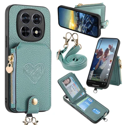 For Xiaomi Redmi Note 15 Pro+ 5G (Global) / Poco M8 Pro 5G Case Card Holder Zipper Pocket Heart Pattern Leather Phone Back Cover with Crossbody Strap - Blue