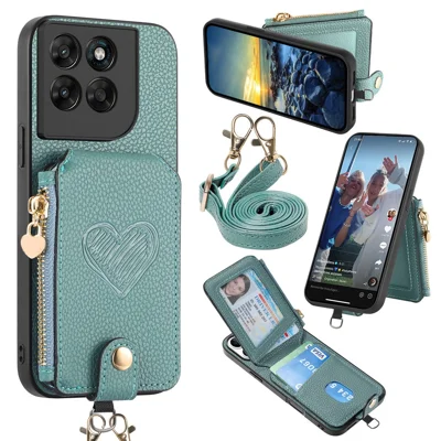 For Motorola Moto G77 5G / G67 5G Case Card Holder Zipper Pocket Heart Pattern Leather Phone Back Cover with Crossbody Strap - Blue