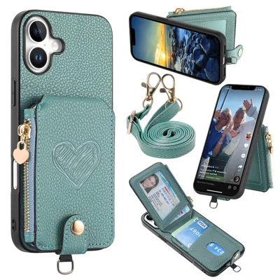 For iPhone 16 Case Card Holder Zipper Pocket Heart Pattern Leather Phone Back Cover with Crossbody Strap - Blue