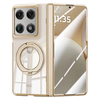 Чехол для Motorola Razr Fold 5G с прозрачной пленкой HD, магнитной вращающейся подставкой, золотистый, из поликарбоната с гальваническим покрытием