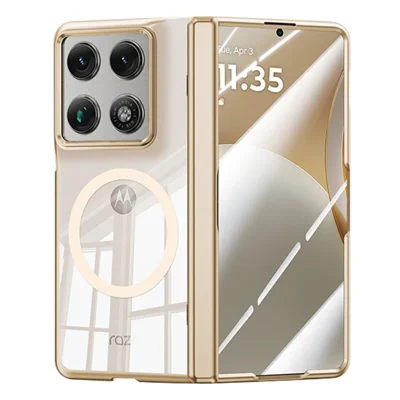 Магнитный чехол для Motorola Razr Fold 5G с HD прозрачной закалённой плёнкой, чехол из поликарбоната с гальваническим покрытием с защитой шарнира — золотой